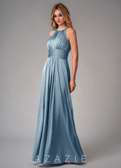 Azazie Bonnie Dusty Blue A-Line Pleated Stretch Satin Dress dusty_blue