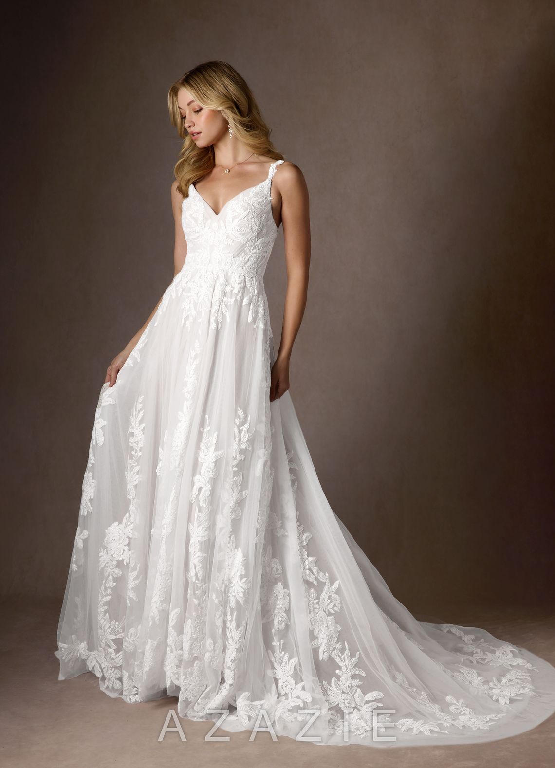 Azazie Delaina Wedding Dress Diamond White A-Line V-Neck Sequins Tulle Dress
