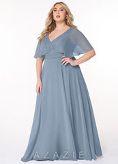 Azazie Pamela Dusty Blue A-Line V-Neck Pleated Chiffon Dress dusty_blue
