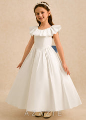 Azazie Clara Ivory Dusty Blue A-Line Bow Cotton Dress ivory/dusty_blue