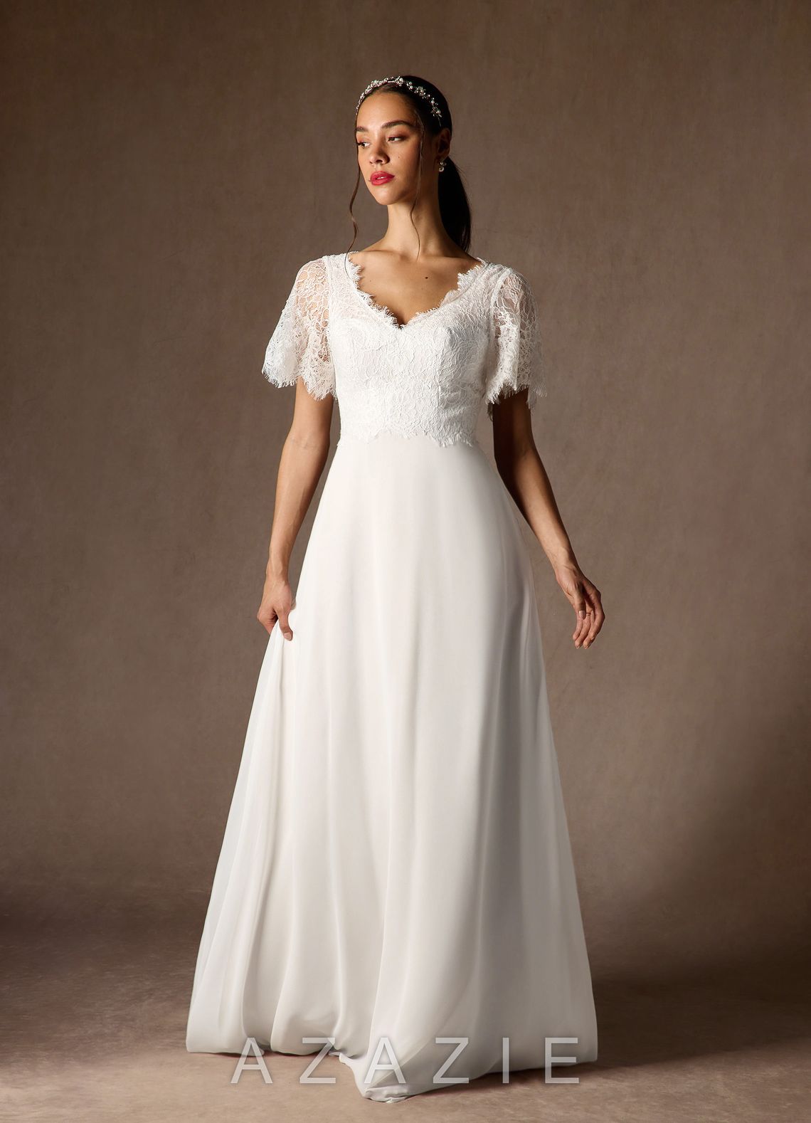 Azazie Veradis Wedding Dress Diamond White A-Line V-Neck lace Chiffon Dress