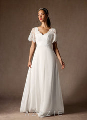 Azazie Veradis Wedding Dress Diamond White A-Line V-Neck lace Chiffon Dress