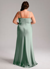 Azazie Lidia Agave Mermaid Side Slit Stretch Satin Dress agave