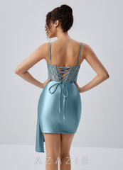 Evlineaange Dusty Blue Stretch Satin Corset Beading Rhinestones Mini Dress