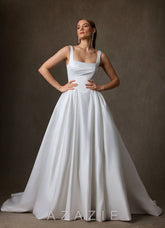 Azazie Celeste Diamond White Ball-Gown with Pockets Satin Dress