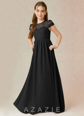 Azazie Delevingne Junior Black A-Line Lace Chiffon Dress