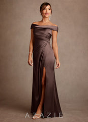 Azazie Bedford Ganache Sheath Pleated Stretch Satin Dress ganache