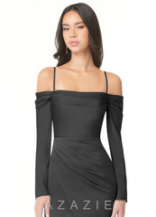 Azazie Hallie Black Mermaid Off-The-Shoulder Long Sleeve Stretch Satin Convertible Dress black