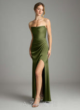 Azazie Leonis Olive Mermaid Pleated Stretch Satin Convertible Dress