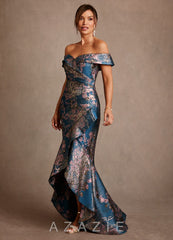 Azazie Winnetka Teal Floral Mermaid Off the Shoulder Floral Jacquard Dress teal_floral