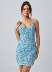 Liliane Sky Blue Spaghetti Strap Sequin Leaf Lace-Up Mini Dress