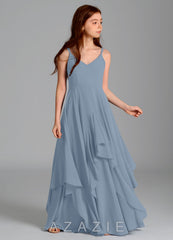 Azazie Karan Junior Dusty Blue A-Line Chiffon Dress dusty_blue