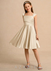 Azazie Budle Girls Formal Champagne A-Line Pleated Matte Satin Dress champagne