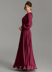 Azazie Grayson Burgundy A-Line Long Sleeve Stretch Satin Dress burgundy