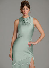 Azazie Kiara Agave Mermaid Pleated Stretch Satin Dress agave