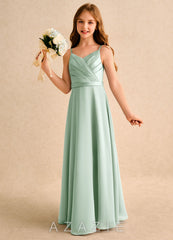 Azazie Umina Girls Formal Agave A-Line Pleated Matte Satin Dress agave
