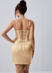 Irene Champagne Satin Sequin Lace-Up Mini Dress