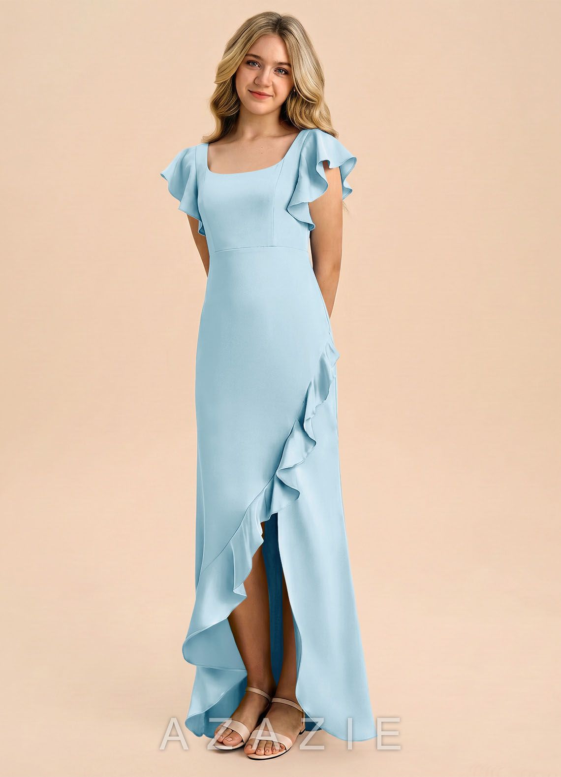 Azazie Demi Junior Sky Blue Mermaid Bow Stretch Satin Dress