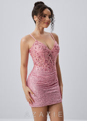 Milleca Pink Sequins Corset Lace-Up Mini Dress