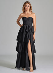 Azazie Faye Black A-Line Ruched Stretch Satin Dress black