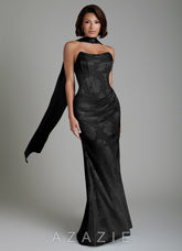 Azazie Ariah Black Mermaid Corset Floral Jacquard Burnout Dress