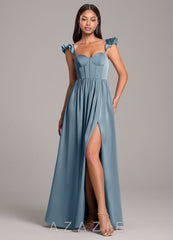 Azazie Denisse Dusty Blue A-Line Ruched Stretch Satin Dress