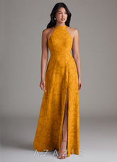 Azazie Clarice Butterscotch A-Line Side Slit Floral Burnout Dress