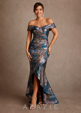 Azazie Winnetka Teal Floral Mermaid Off the Shoulder Floral Jacquard Dress