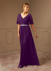 Azazie Tricia Grape A-Line V-Neck Pleated Chiffon Dress
