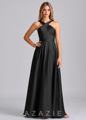 Azazie Dixie Black A-Line Pleated Stretch Satin Dress black