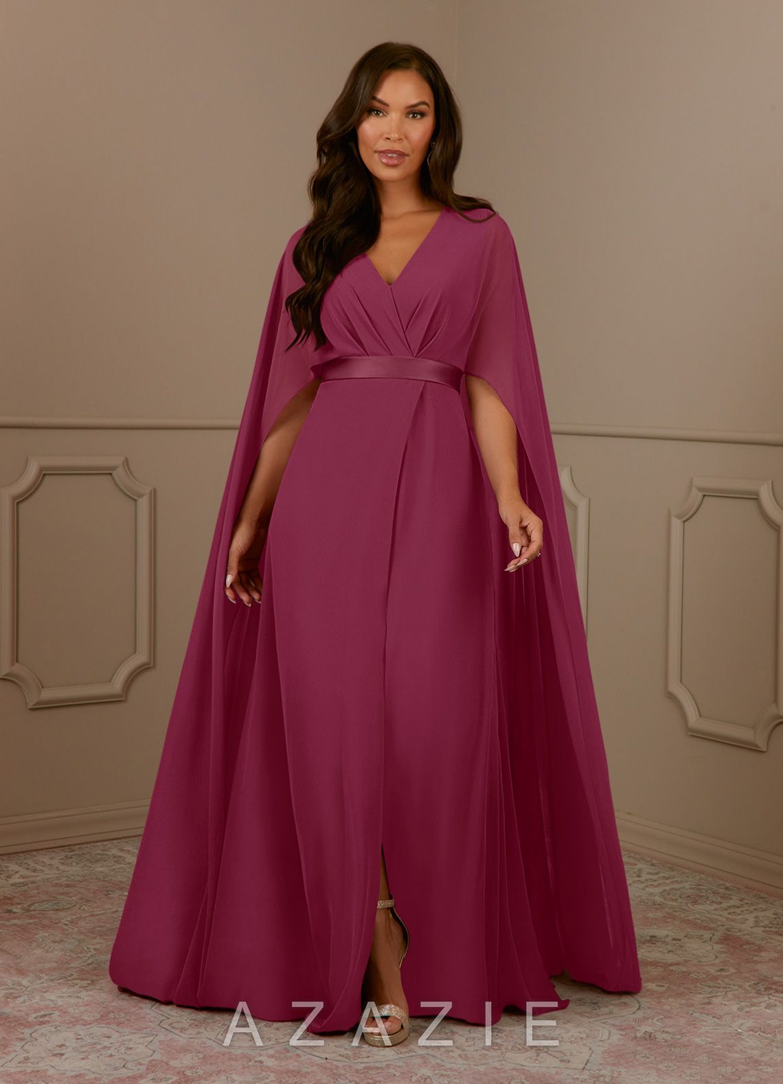 Azazie Isa Mulberry A-Line V-Neck Pleated Chiffon Dress