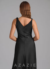 Azazie Nerine Black A-Line Pleated Stretch Satin Dress black