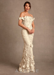 Azazie Lotta Champagne Mermaid Off the Shoulder Lace Dress champagne