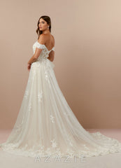 Azazie Botanica Wedding Dress Diamond White Champagne A-Line Off the Shoulder Tulle Dress