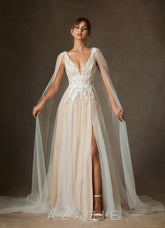 Azazie Goddess Wedding Dress Diamond White Champagne A-Line V-Neck Sequins Tulle Dress