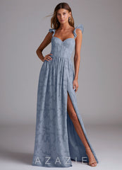Azazie Denisse Dusty Blue A-Line Ruched Floral Burnout Dress