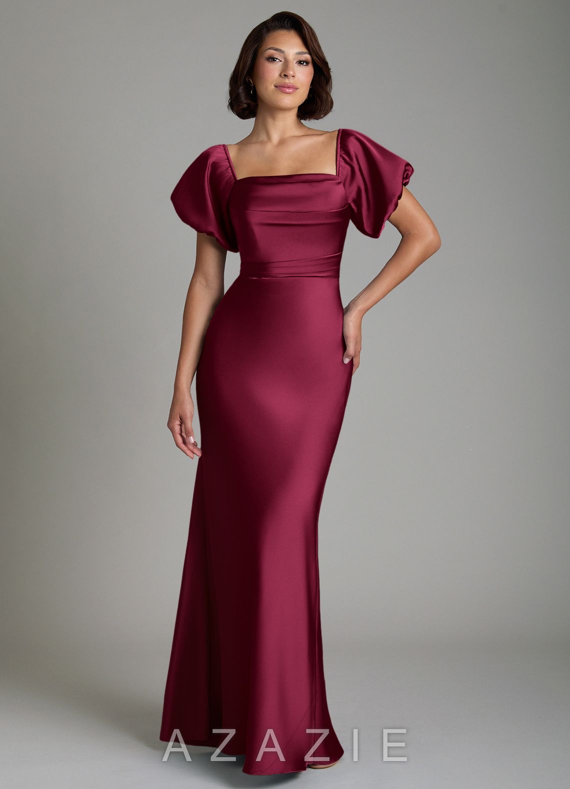 Azazie Lea Burgundy Mermaid Off the Shoulder Stretch Satin Convertible Dress