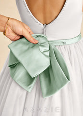 Azazie Seline Ivory Agave A-Line Bow Tulle Dress ivory/agave