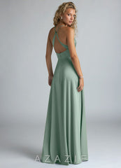 Azazie Davis Agave A-Line Pleated Stretch Satin Dress agave