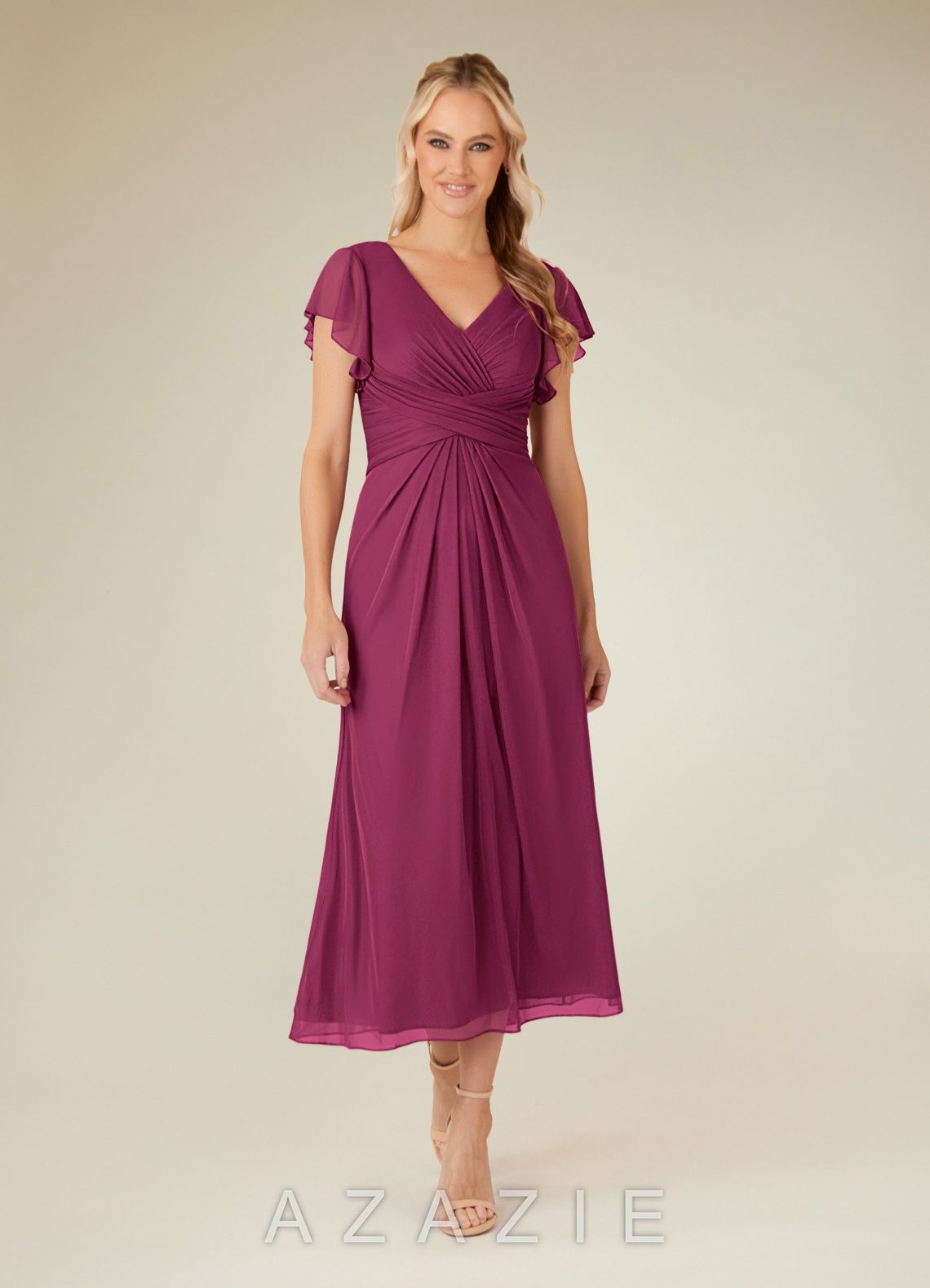 Azazie Vera Mulberry A-Line V-Neck Pleated Mesh Dress