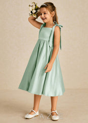Azazie Chelsie Agave A-Line Bow Matte Satin Dress agave