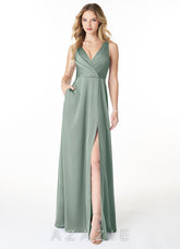 Azazie Nelly Agave A-Line V-Neck Pleated Stretch Satin Dress