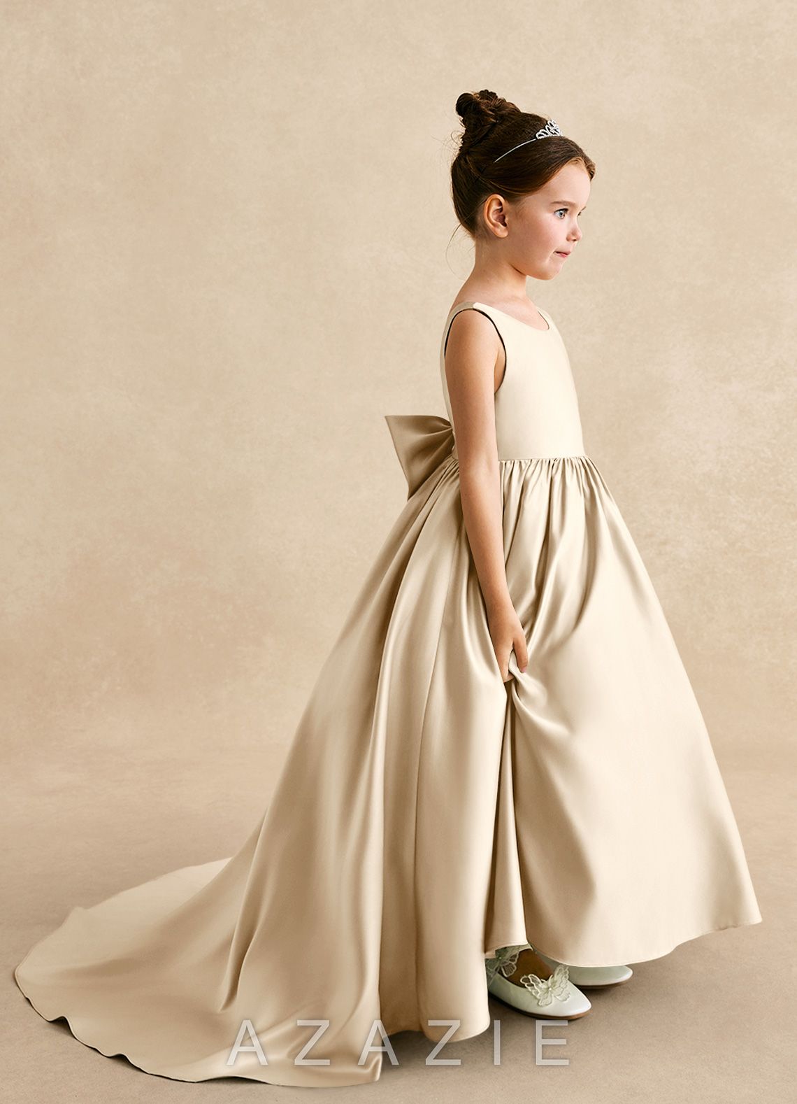 Azazie Mimia Champagne A-Line Bow Matte Satin Dress