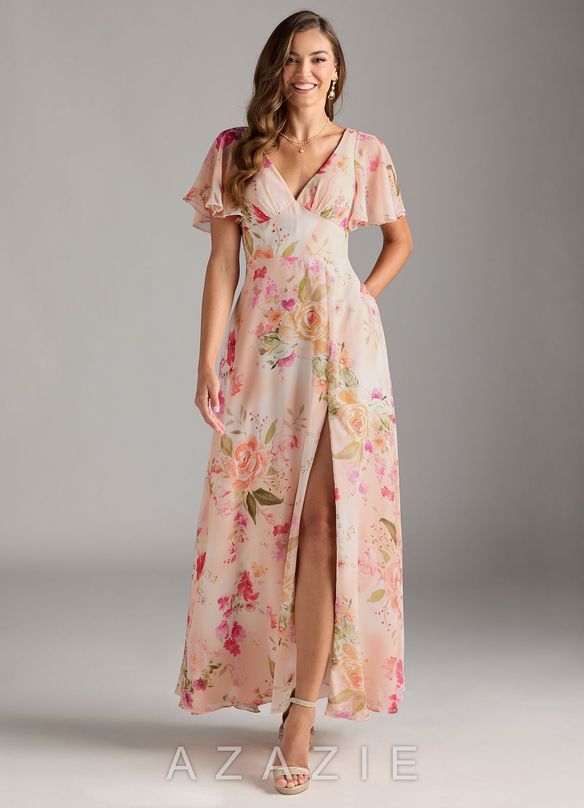 Azazie Kimber Abstract Bouquet Floral A-Line Flounce Sleeve Chiffon Dress