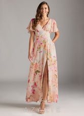 Azazie Kimber Abstract Bouquet Floral A-Line Flounce Sleeve Chiffon Dress