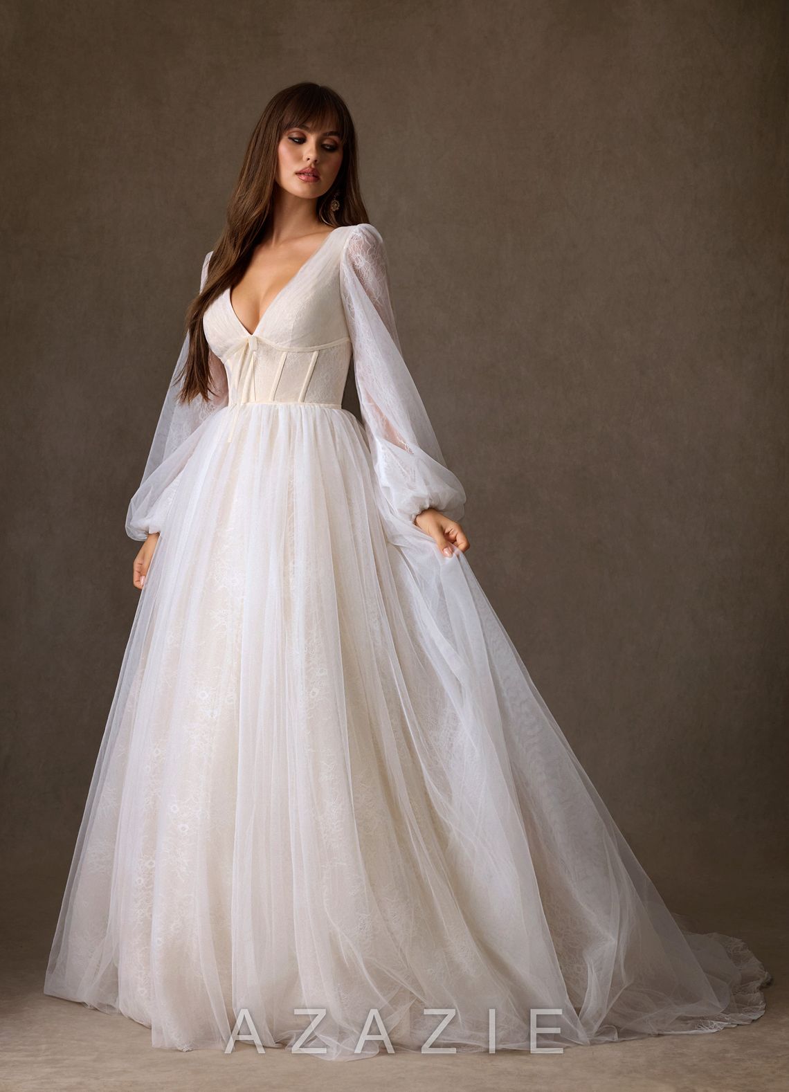 Azazie Cressida Wedding Dress Diamond White Champagne Ball-Gown Lace Tulle Dress