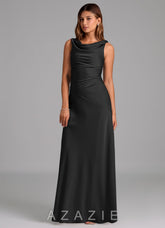 Azazie Nerine Black A-Line Pleated Stretch Satin Dress