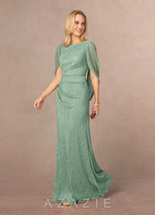 Azazie Paige Aquamarine Sheath Pleated Cape Metallic Mesh Dress aquamarine