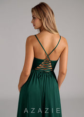 Azazie Aaida Emerald A-Line Corset Stretch Satin Dress emerald
