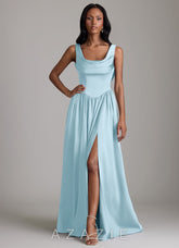 Azazie Novi Sky Blue A-Line with Pockets Stretch Satin Dress